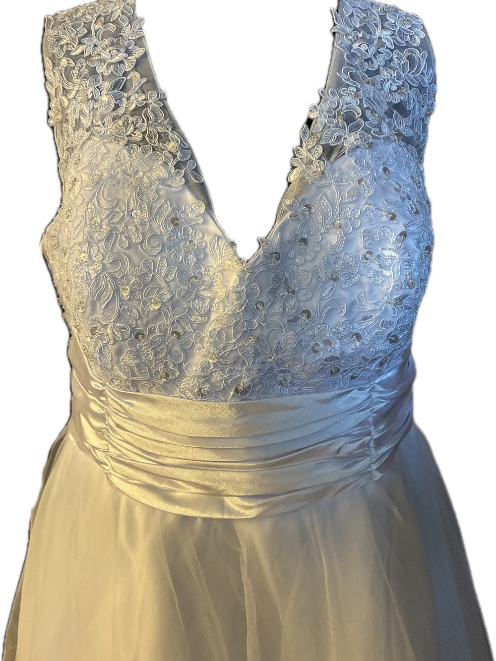 Bridal White Lace & Tulle Wedding Dress with Gathered Satin Sash Size 18-20